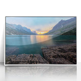 Modern art wall decor depicting a serene Montana glacier landscape in soft blue and white tones on a framed acrylic print.