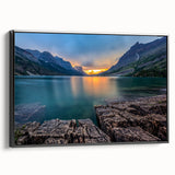 Black and white landscape art of Glacier National Park on framed canvas, ideal for bedroom decor.