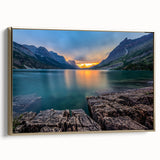 Framed canvas wall art depicting a vintage-style Montana Glacier landscape in gold and black tones, ideal for bedroom decor.