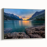 Framed canvas of a Glacier National Park landscape painting, featuring vibrant colors on a black background.