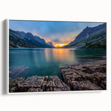 Vintage poster art of Montana's Glacier National Park on a framed canvas, featuring colorful art in extra large size.