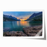 Rolled print of Glacier National Park with lush greenery and mountain backdrop, suitable for dining room wall art.