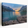 Panoramic view of Glacier National Park on a large stretched canvas, featuring serene blue and green tones.