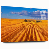 Large abstract depiction of Montana scenery in muted earth tones on acrylic glass, suitable for bedroom or dining room decor.