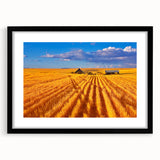 Abstract art print of a colorful Montana landscape, textured appearance on a large black-framed canvas.