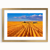 Abstract art print depicting textured Montana scenery in muted earth tones on a large framed canvas.