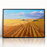 Large abstract wall art of Montana scenery in muted earth tones, framed acrylic, ideal for modern living room decor.