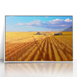 Acrylic print of Montana scenery with lush green fields under a blue sky, framed in white, ideal for modern art wall decor.