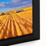 Extra large framed canvas featuring a textured depiction of Montana scenery in black with colorful accents.