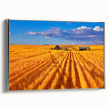 Framed canvas depicting a Montana landscape with vibrant green fields and a distant mountain range.