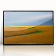 Large abstract wall art depicting a stylized Nebraska landscape in muted earth tones on a framed acrylic print.