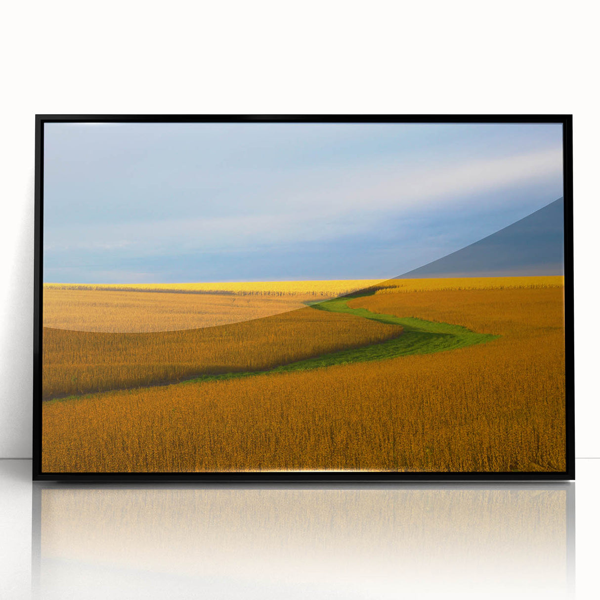 Large abstract wall art depicting a stylized Nebraska landscape in muted earth tones on a framed acrylic print.