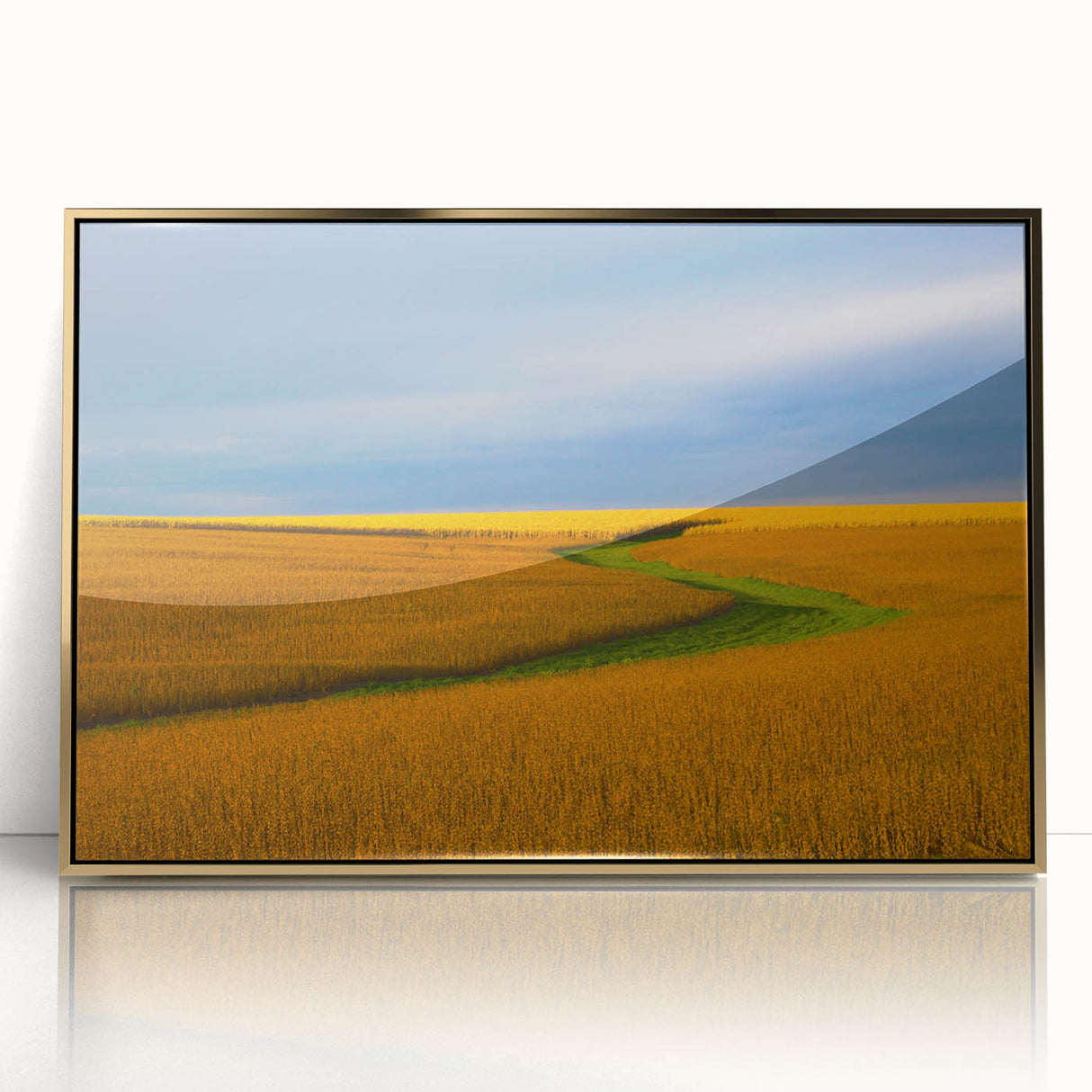 Mid-century modernist art depicting Nebraska scenery in muted earth tones on a framed acrylic print.