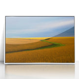 Art deco-style Nebraska scenery in muted green and gray tones, framed acrylic print, ideal for modern nursery wall art.