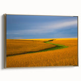 Framed canvas depicting a Nebraska landscape in muted gold and black tones, ideal for bedroom wall art.