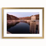 Extra large wall art of Hoover Dam in textured abstract style, featuring muted earth tones on a framed canvas.