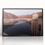 Large abstract wall art of Hoover Dam in mid-century modernist style, framed acrylic with black border.