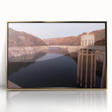 Framed acrylic print of Hoover Dam, featuring a mid-century modernist style with muted earth tones.