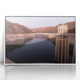 Art deco poster of Hoover Dam, featuring muted gray and blue tones on a framed acrylic, suitable for modern art wall decor.