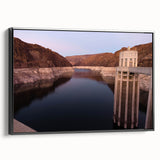 Black and white framed canvas of the Hoover Dam in a vintage poster style, suitable for bedroom wall decor.