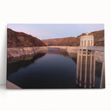 Black and white photo of Hoover Dam on stretched canvas, suitable as kitchen wall art or bedroom decor.