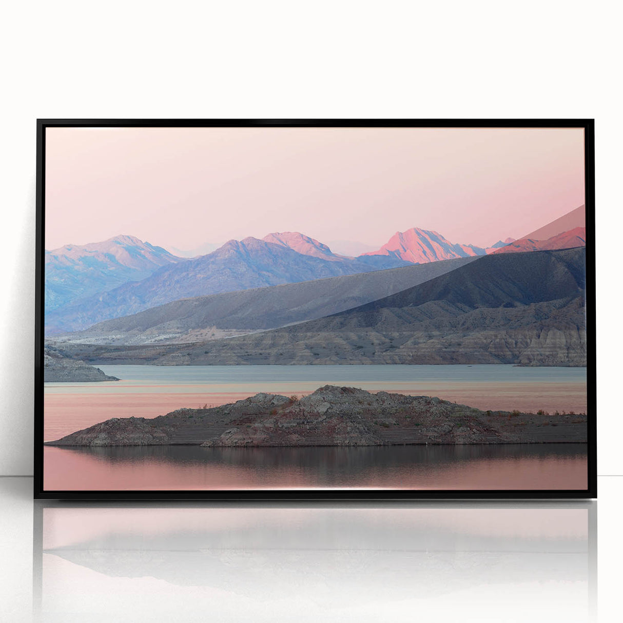 Large abstract wall art depicting Lake Mead, Nevada, in muted earth tones on a framed acrylic.