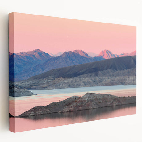Panoramic view of Lake Mead in muted earth tones on stretched canvas, suitable for kitchen wall art.
