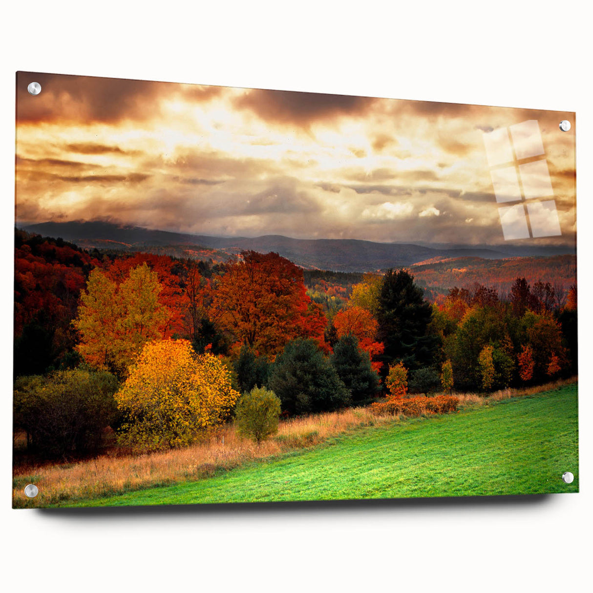 Acrylic print of a serene New Hampshire landscape, featuring soft green and blue tones, ideal for dining room decor.