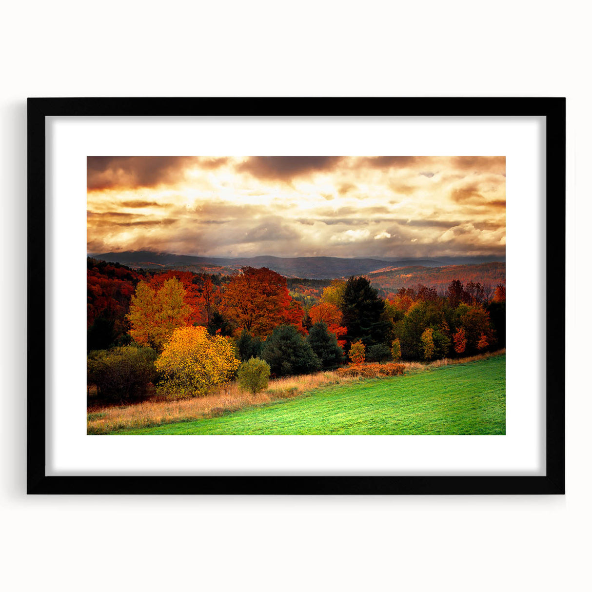Abstract art print of a New Hampshire scenery in vibrant colors on a large framed canvas, ideal for living room decor.