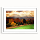 Abstract art print of New Hampshire scenery in muted green and blue tones, framed with a white mat.