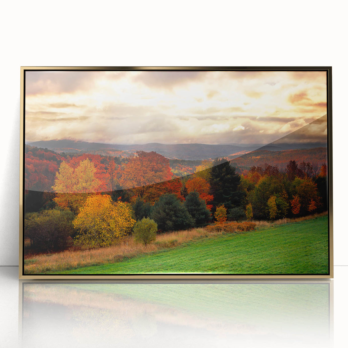 Mid-century modernist acrylic print of a serene New Hampshire landscape in gold frame, ideal for nursery wall decor.