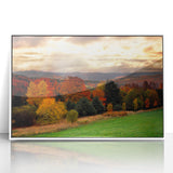 Acrylic print of a serene New Hampshire landscape in soft pastels, framed in white, suitable for nursery wall art.