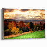 Framed canvas of a New Hampshire landscape with colorful autumn trees and a black vintage poster style.
