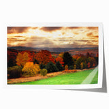 Rolled print of New Hampshire scenery with lush greenery and a serene lake, in muted earth tones.