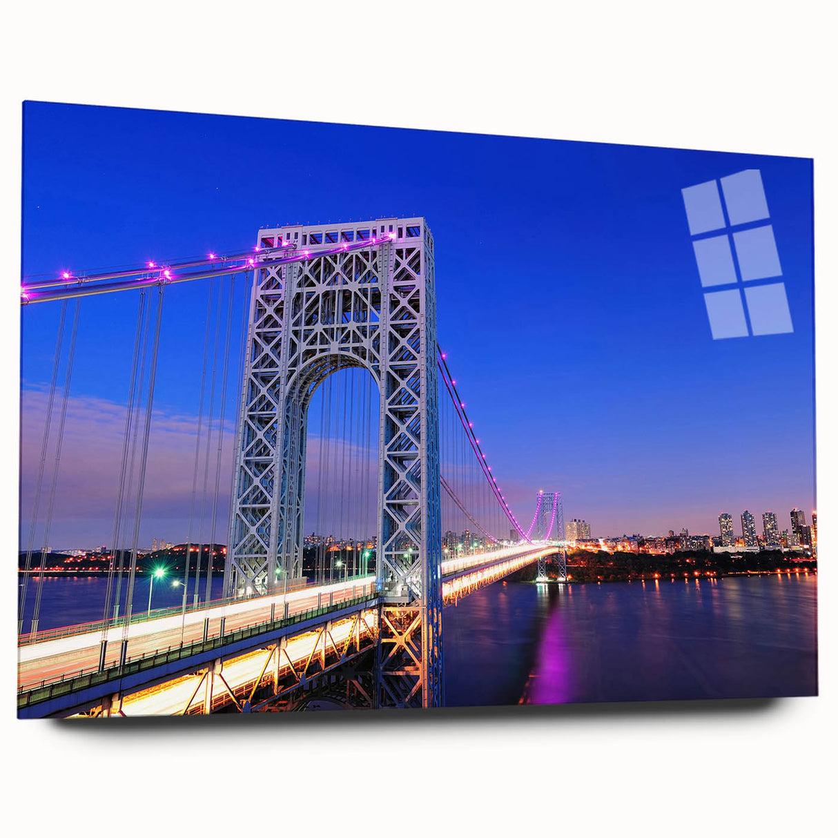 Large abstract wall art of New Jersey scenery in muted blue and green tones on acrylic glass.