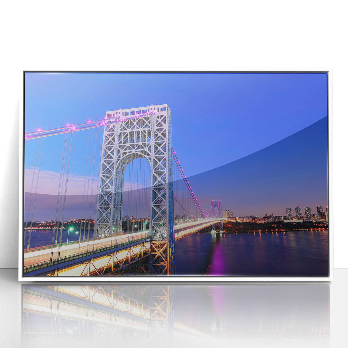 Art deco poster featuring the New Jersey skyline in muted gray and blue tones on a framed acrylic.