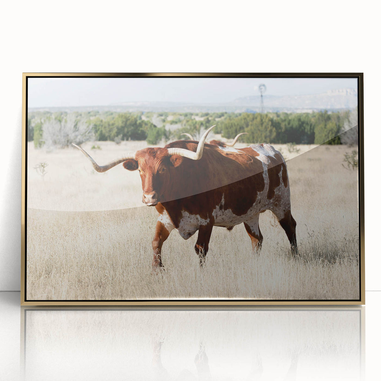 Large art print of a New Mexico landscape in mid-century modernist style, framed acrylic with gold tones.