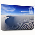 Acrylic print of White Sands, New Mexico with soft blue and white tones, ideal for bedroom or dining room wall art.