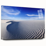 Acrylic print of White Sands, New Mexico with soft blue and white tones, ideal for bedroom or dining room wall art.