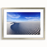 Textured art depicting abstract white sands in New Mexico with muted beige tones, framed with a silver mat.