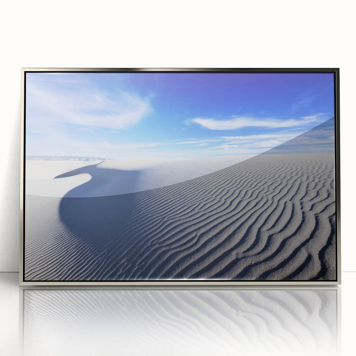 Mid-century modernist art depicting the White Sands in New Mexico with muted beige and blue tones on a framed acrylic print.