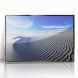 Mid-century modernist art depicting the White Sands in New Mexico with muted beige and blue tones on a framed acrylic print.