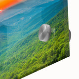 Large abstract depiction of the Blue Ridge in muted blue and green tones on acrylic glass, suitable for dining room art.