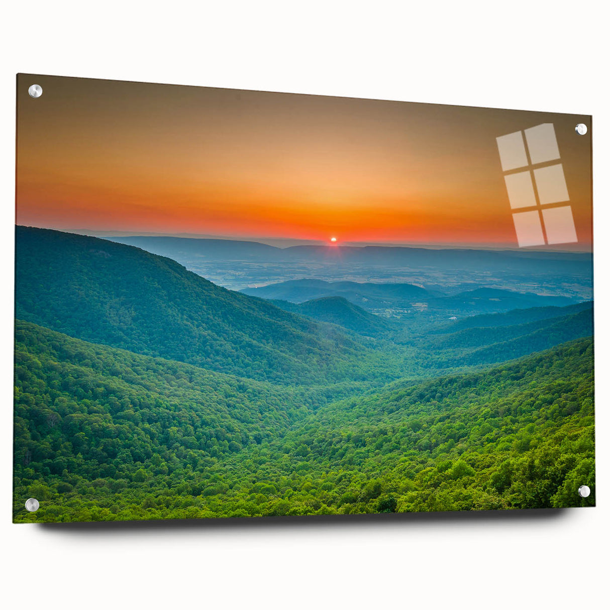 Acrylic print of Blue Ridge Mountains in muted green and blue tones, suitable for bedroom or dining room decor.