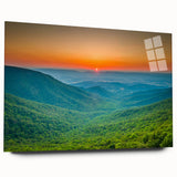 Acrylic print of the Blue Ridge Mountains in muted green and blue tones, suitable for bedroom or dining room art.