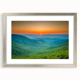 Textured abstract art print of Blue Ridge mountains in muted blue and green, framed in silver, ideal for bedroom wall decor.