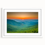 Abstract art print of the Blue Ridge Mountains in muted blue tones, framed with a white mat, ideal for dining room decor.