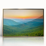 Acrylic print of Blue Ridge, North Carolina landscape in muted earth tones, framed in gold.