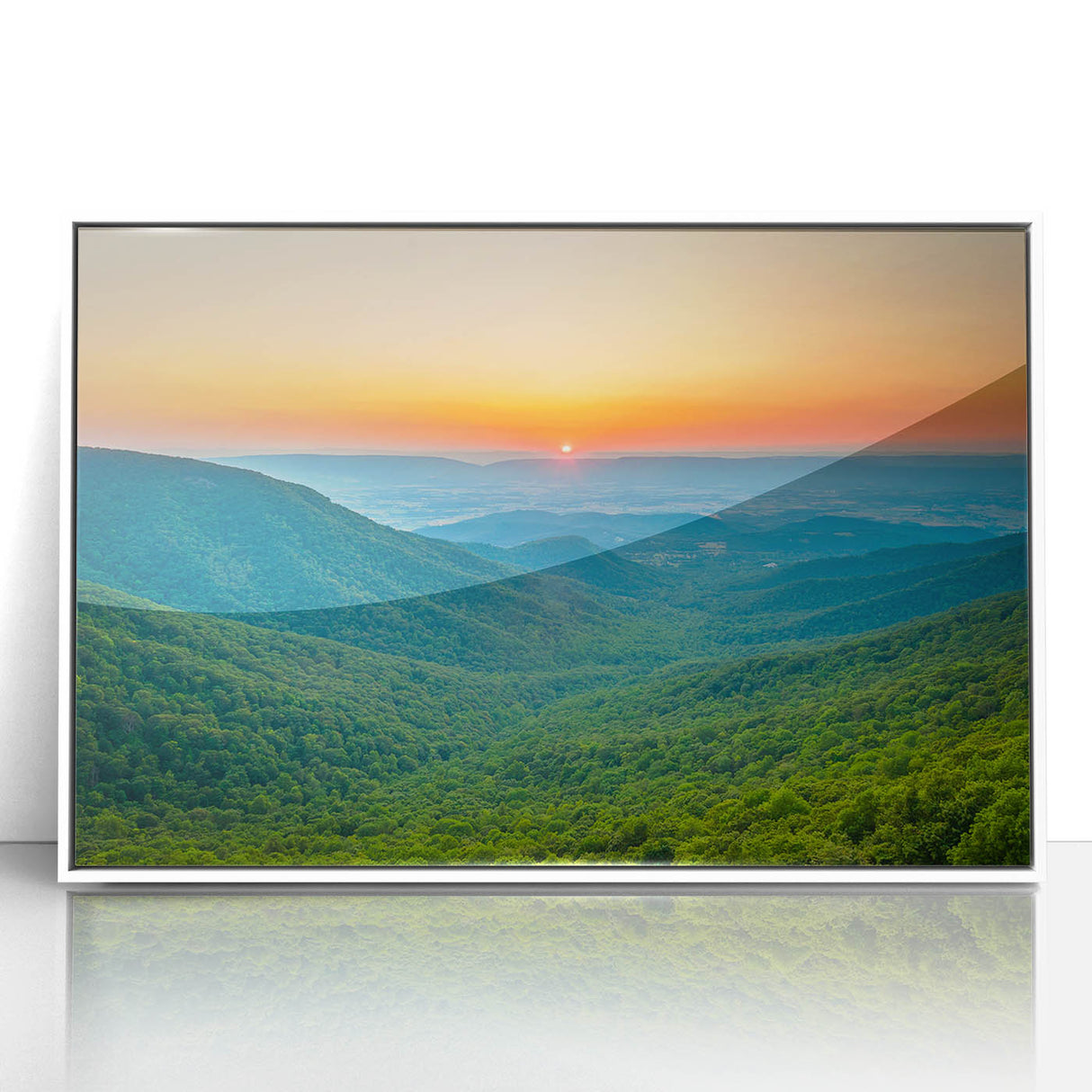Acrylic print of Blue Ridge mountain range in muted greens and blues, styled in art deco, ideal for modern art wall decor.