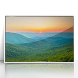 Acrylic print of Blue Ridge mountain range in muted greens and blues, styled in art deco, ideal for modern art wall decor.